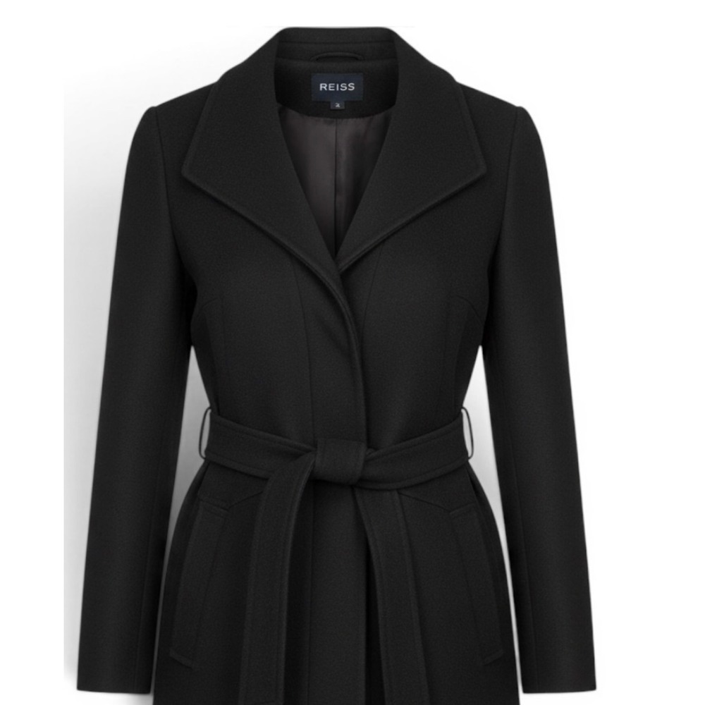 Reiss Black Wool Cashmere Blend Belted Wrap Coat Short Jacket Womens Medium - Picture 1 of 9